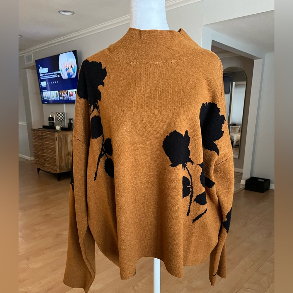 Anthropologie Brown and Black Floral Turtleneck Sweater